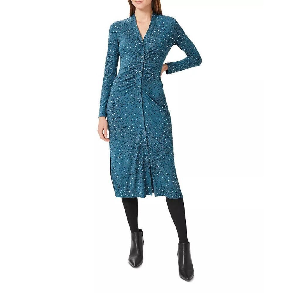 HOBBS LONDON Women's Green Hatty Ruched Front Button Jersey Midi Dress Size 10